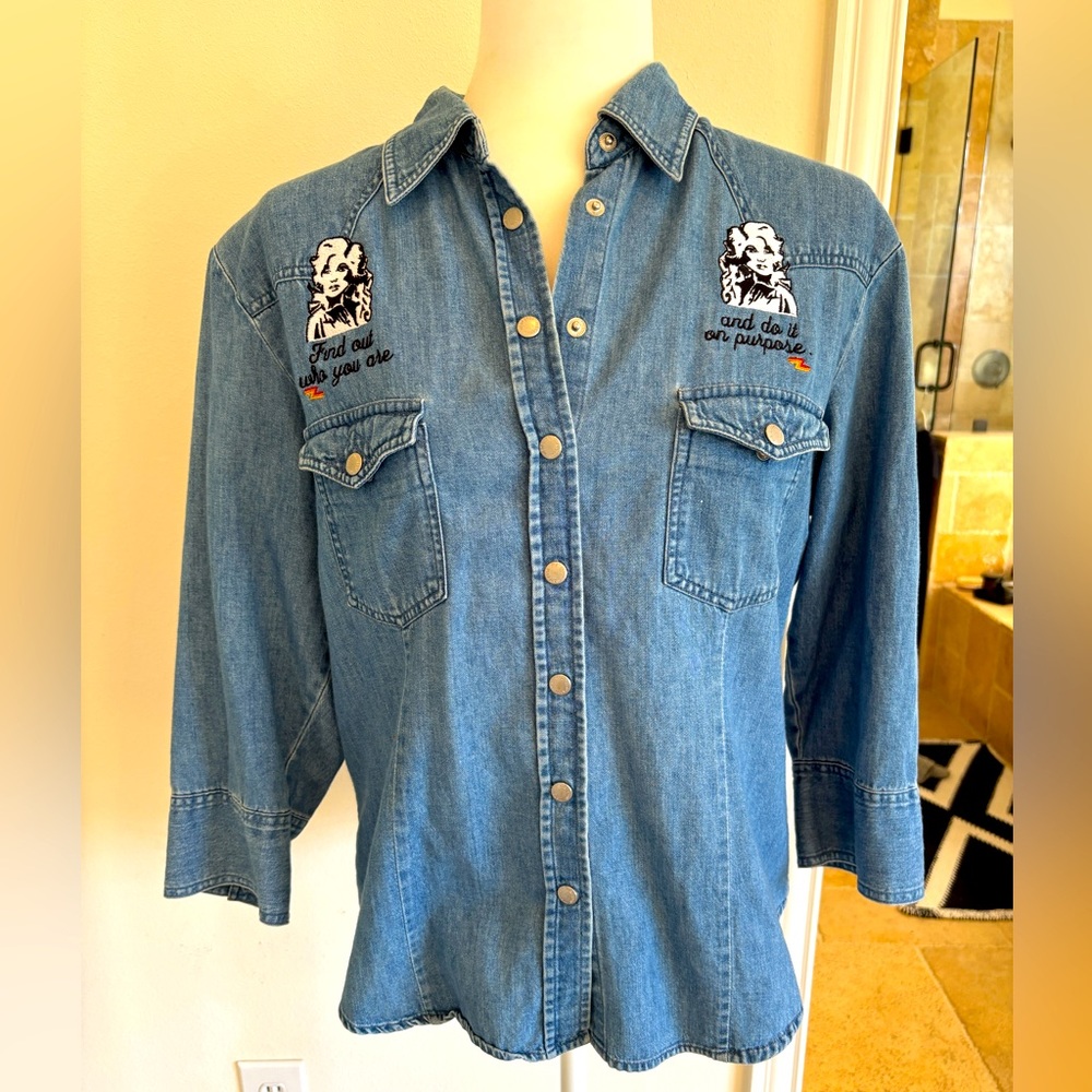 Vintage Denim Appliquéd Dolly Parton Pearl Snap